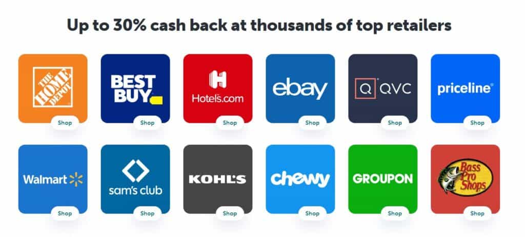 Examples of where you can get cash back using Ibotta, like Home Depot, Best Buy, Chewy and more.