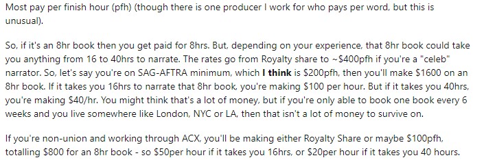A screenshot from Reddit where a professional narrator describes how payment works for Audible narrators