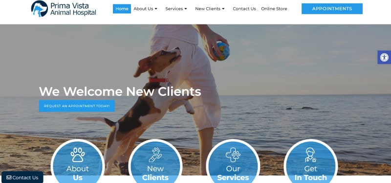 Screenshot of the homepage of Prima Vista Animal Hospital, which has clear, easy-to-read blocks of texts and describes exactly what pet owners need to know, like an area for new clients, their services, and a contact form.