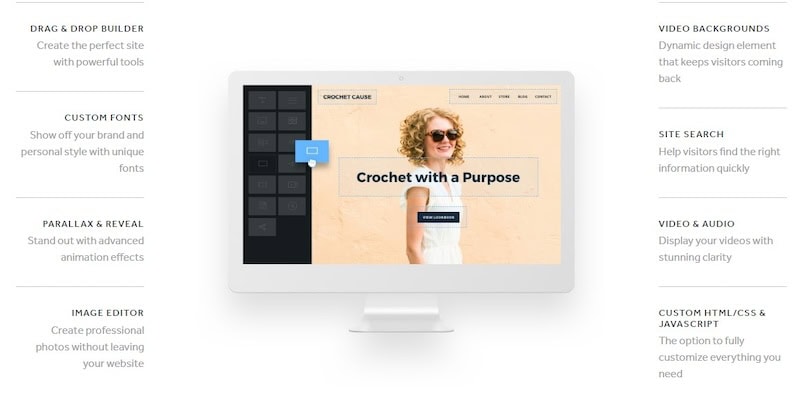 Screenshot of Weebly’s design features, from drag and drop editing to video backgrounds and more. 