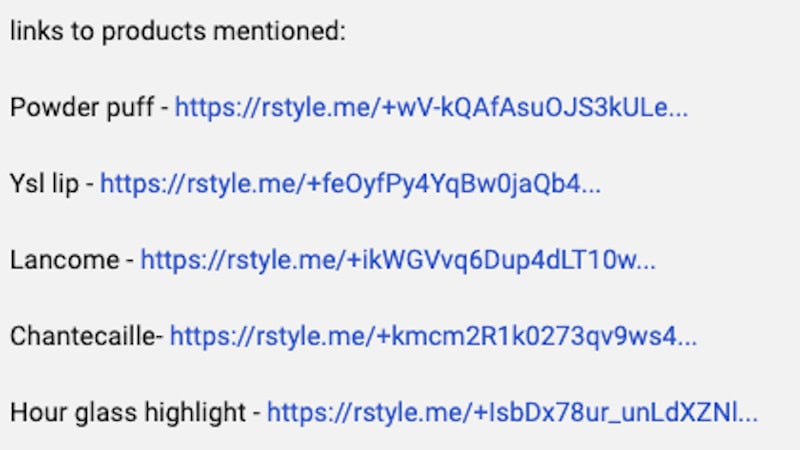 Screenshot of Olivia’s YouTube description section linking to all of the products she features.