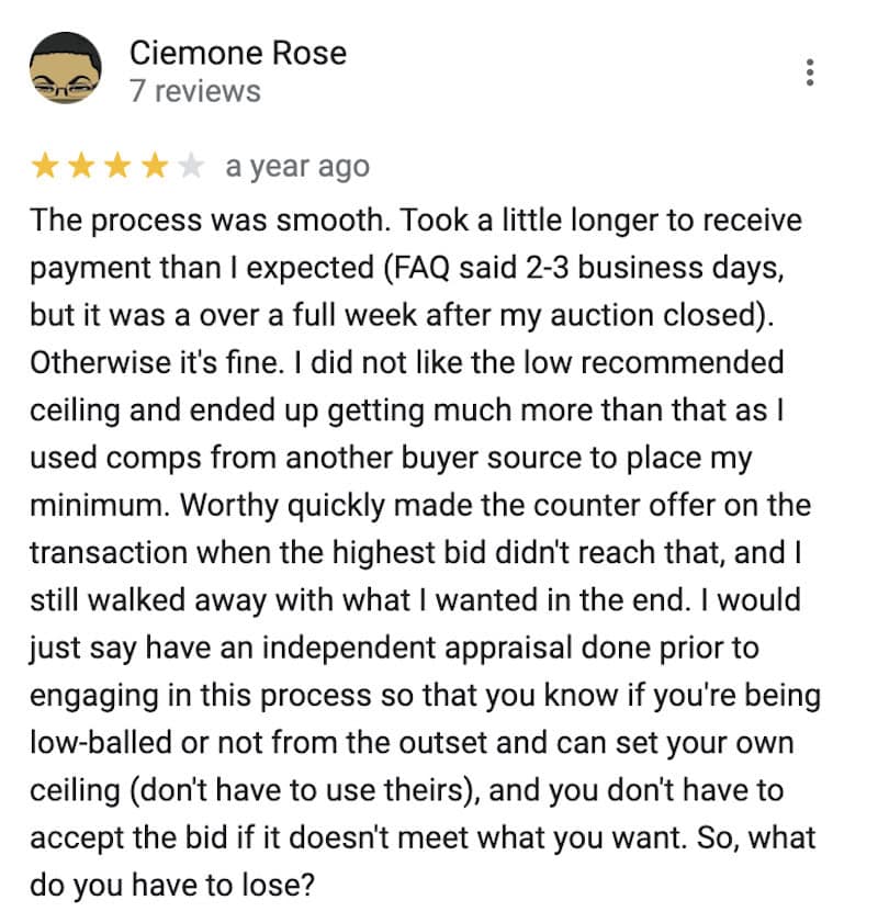 A screenshot of a fairly positive Worthy review saying it took a little over a week to get paid, but ultimately they got a fair price