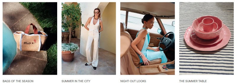 Luxury products for sale on Farfetch, such as bags, linen sets, gowns, and kitchenware. 