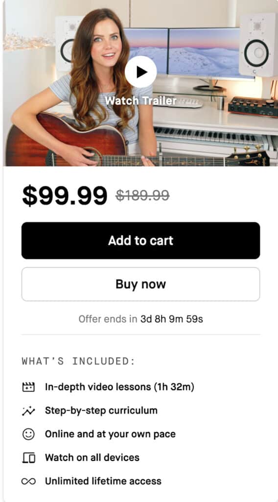  Screenshot of Tiffany Alvord’s songwriting class. 1 hour and 32 minutes of video for $99.