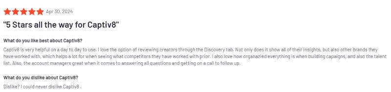 Five star Captiv8 affiliate platform review.