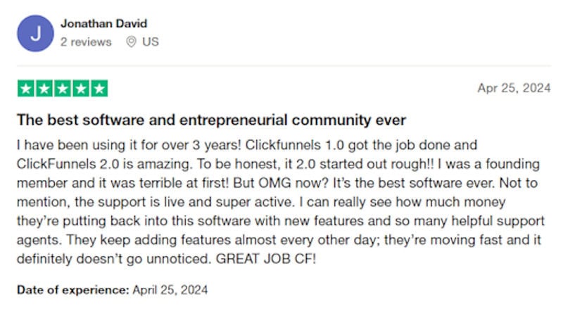 A 5-star ClickFunnels review from a customer who believes it is the "best software ever."