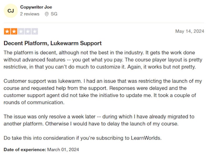 A two star LearnWorlds review from someone who thinks the platform is missing some advanced features. 